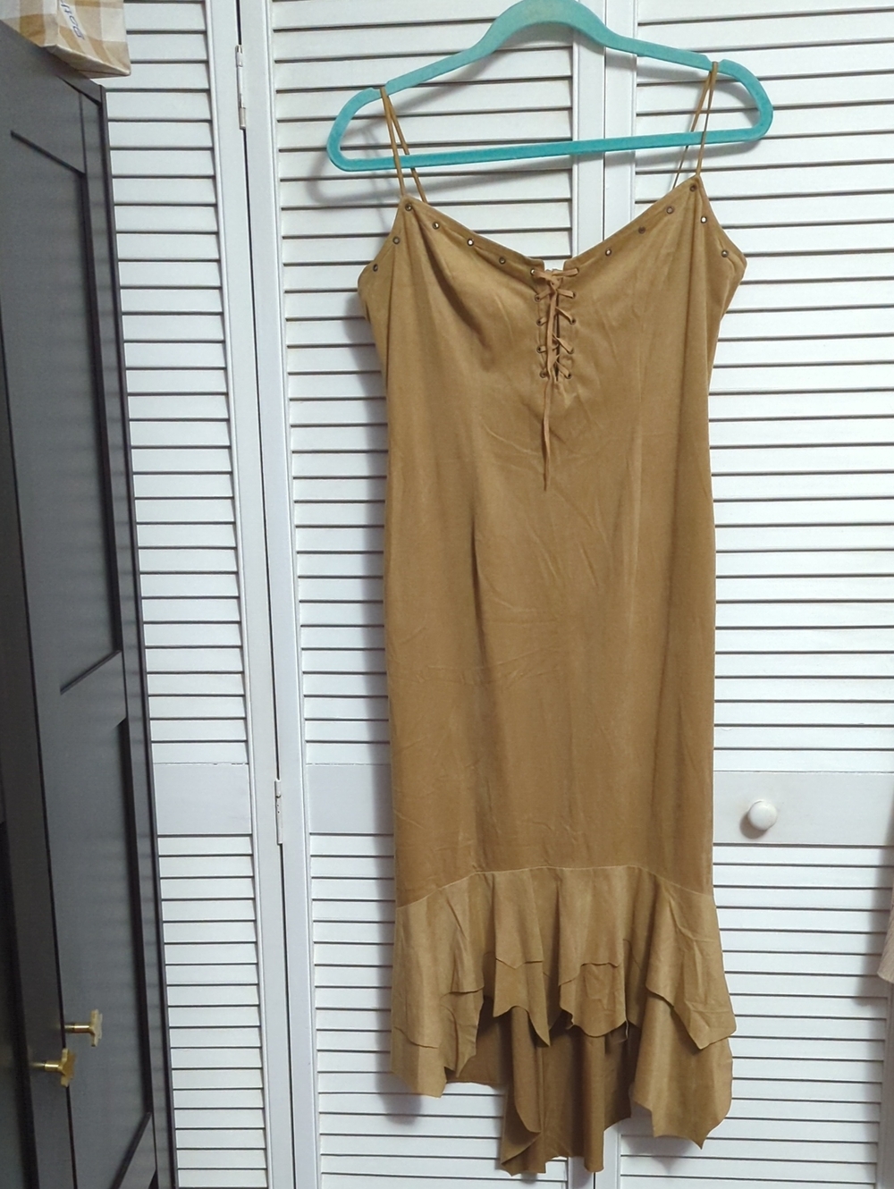 "Lynne" Spaghetti Strap Lace-Up Ruffle Hem Dress - Camel
